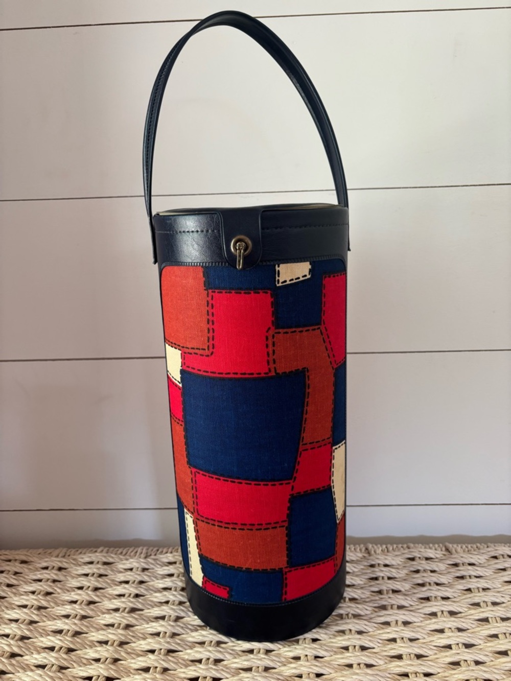 Vintage Leather-Trim Patchwork Cylinder Tote - Navy, Red, Orange, Cream